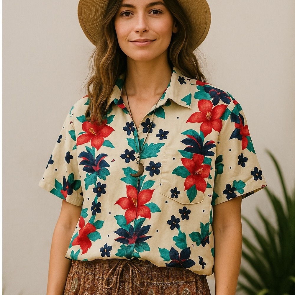 Color Club Floral Hawaiian Shirt Tropical Print‎ Button Up Vacation Size 22/24